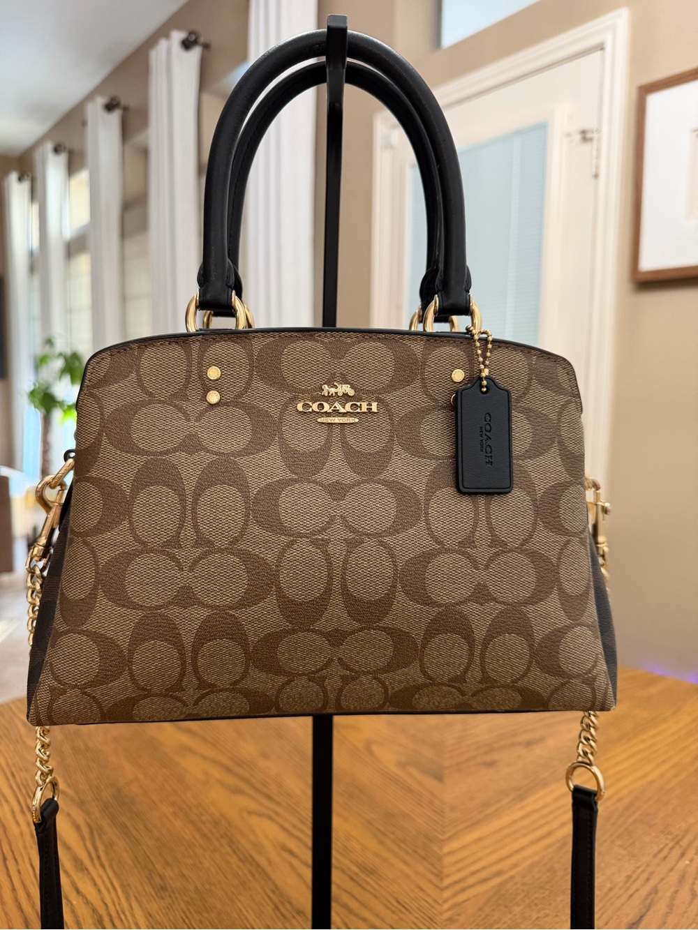 COACH Mini Lillie Signature Canvas Satchel in Brown, Black and Chalk